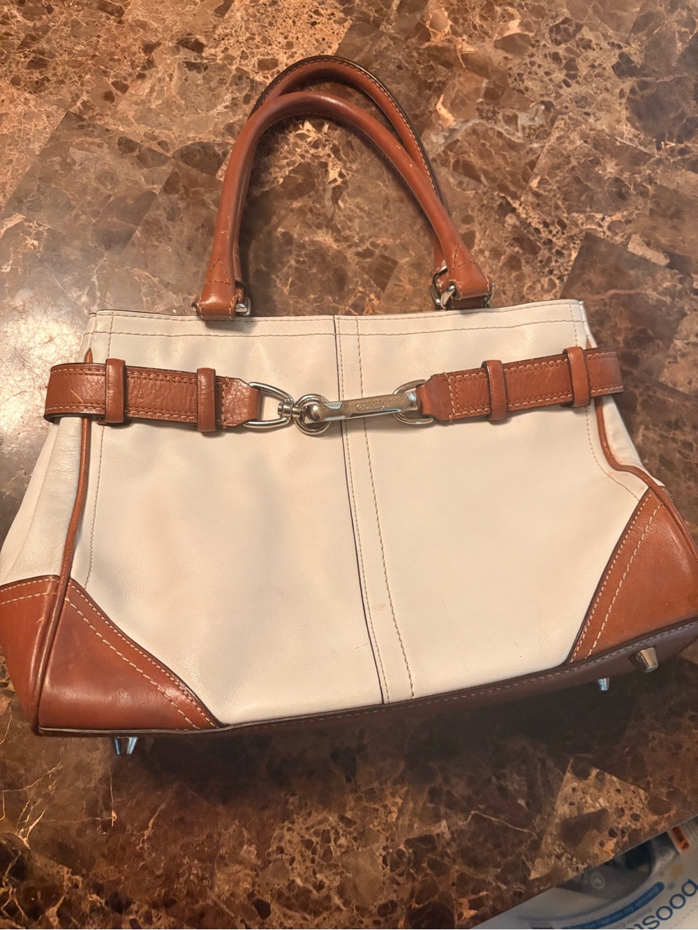 Coach Hampton Cream and Brown Leather Trim Satchel